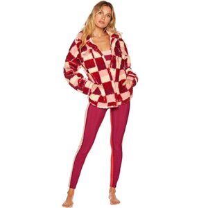 BEACH RIOT 'Laurie' Check Pattern Faux Sherpa Teddy Jacket, Sangria (Pink Multi)